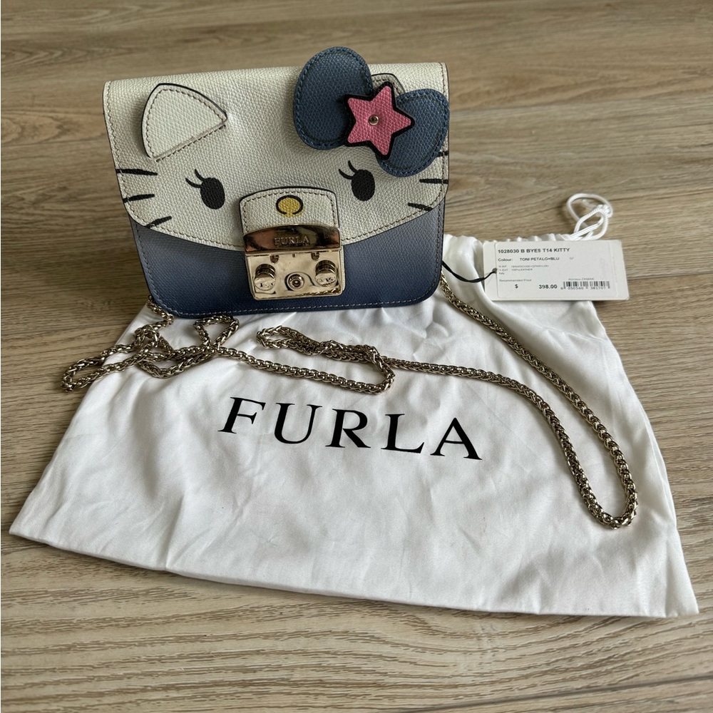 NWT Furla x Sanrio Hello Kitty Metropolis Mini Crossbody Pearl White Blue - Picture 2 of 7
